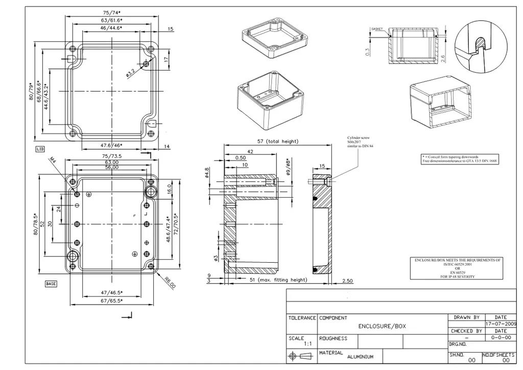 Technische Zeichnung der efabox dem Aluminiumdruckgussgehäuse in der Abmessung 75x80x57mm IP68 Silikondichtung unbeschichtet